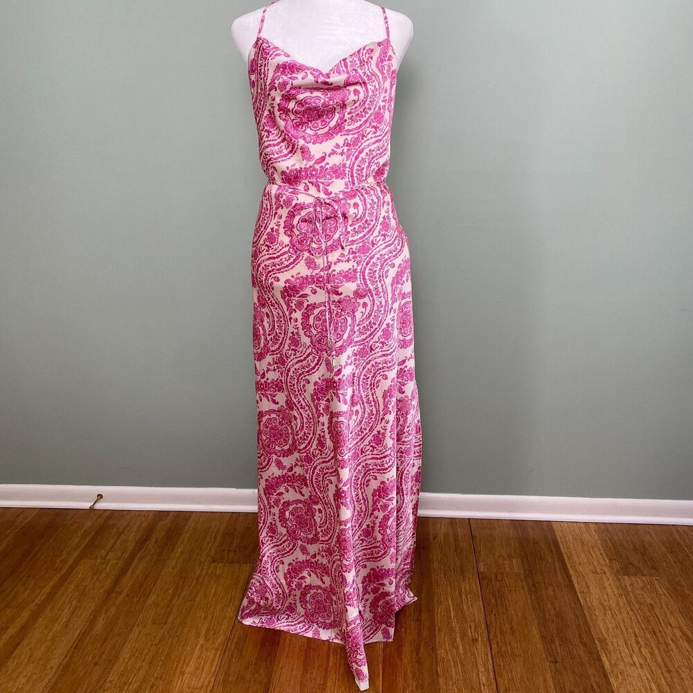 VICI Satin Maxi Dress Paisley Long Sleeveless Womens Large Pink Side Slit